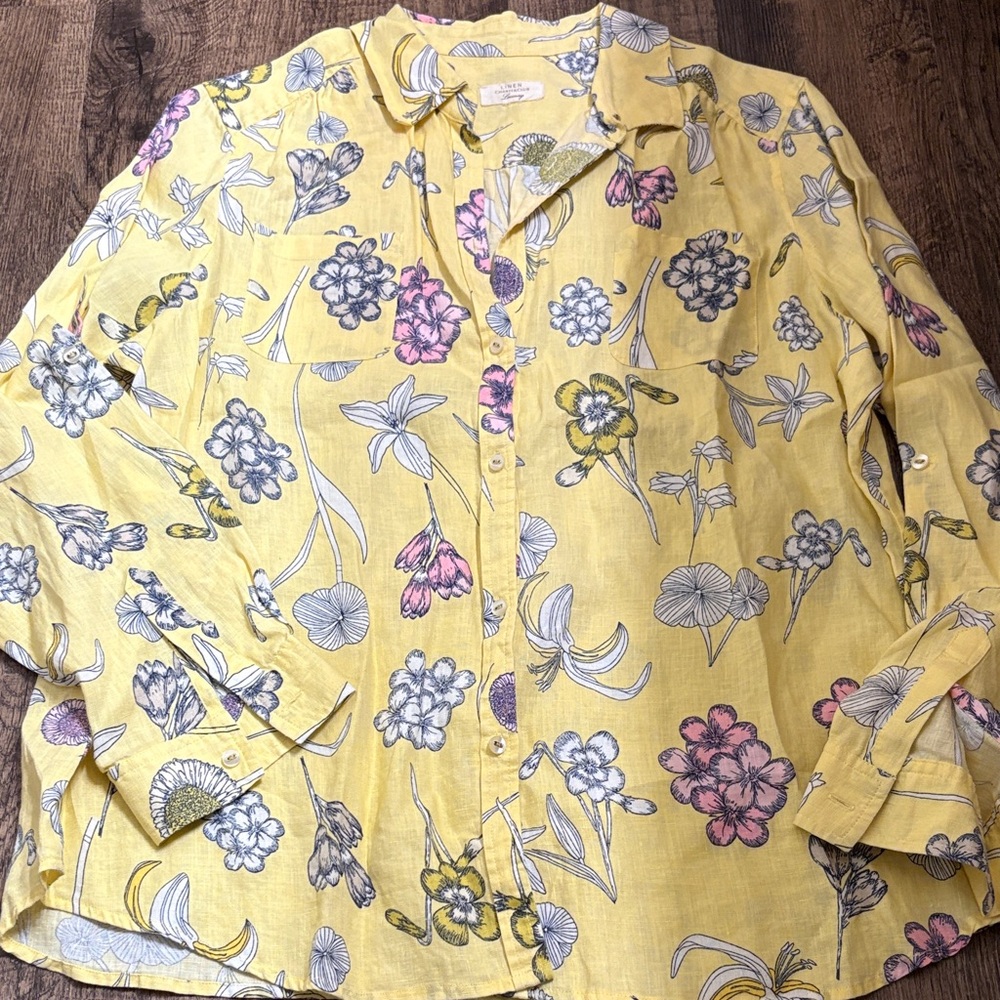 Charter Club Luxury 100% Linen Shirt in Yellow with Floral Print Large Button